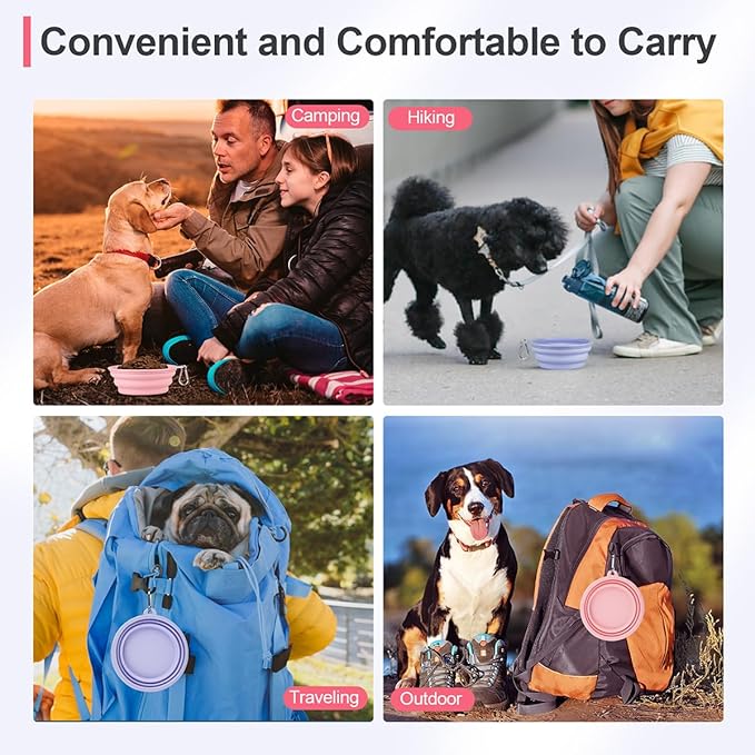 Kytely Collapsible Dog Bowls Medium, 2Pack Foldable Dog Travel Bowl, Portable Pet Water Food Bowl with Clasp, Pet Cat Feeding Cup Dish for Traveling, Walking, Hiking (Lavender & Pink)