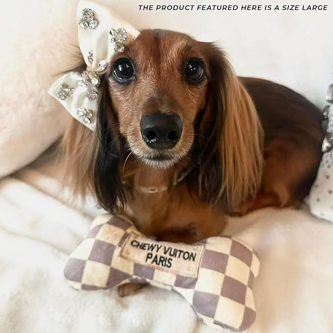 Haute Diggity Dog Chewy Vuiton Bone Plush Squeaky Dog Toy, Soft Durable Designer-Inspired Stuffed Puppy Chew Toys for Small & Medium Dogs, Machine-Washable (Tan Checker) Large