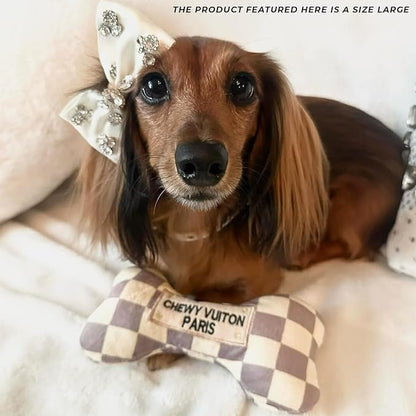 Haute Diggity Dog Chewy Vuiton Bone Plush Squeaky Dog Toy, Soft Durable Designer-Inspired Stuffed Puppy Chew Toys for Small & Medium Dogs, Machine-Washable (Tan Checker) Large