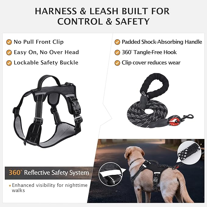 IEUUMLER No Pull Dog Harness, Reflective Front Clip Vest with Leash,Safety Belt and Backup Safety Strap, Adjustable Easy Control Handle,Air Tag Dog Collar for Small Medium Large Dogs EU021 (Black, XS)