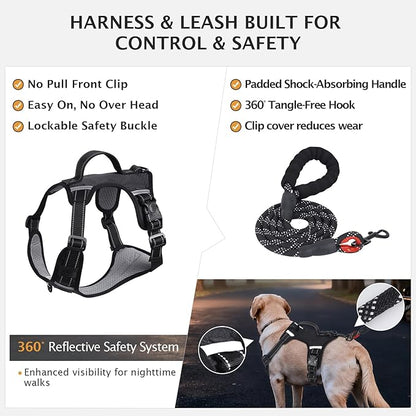 IEUUMLER No Pull Dog Harness, Reflective Front Clip Vest with Leash,Safety Belt and Backup Safety Strap, Adjustable Easy Control Handle,Air Tag Dog Collar for Small Medium Large Dogs EU021 (Black, XL)