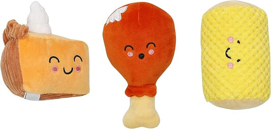 Pearhead Pet Thanksgiving Dinner Dog Toys - Slice of Pumpkin Pie, Turkey Leg, and Corn Cob Plush with Squeakers, Set of 3