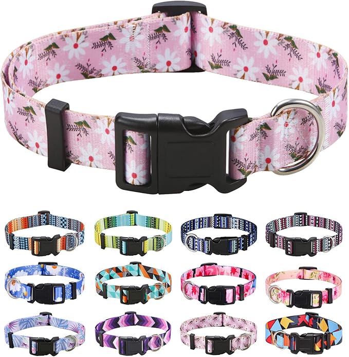 Mihqy Dog Collar with Bohemia Floral Tribal Geometric Patterns - Soft Ethnic Style Collar Adjustable for Small Medium Large Dogs (Pink White Flower,XS)