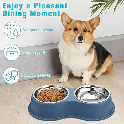 Epetslove Dog Bowls Double Dog Water and Food Bowls Stainless Steel Bowls with Non-Slip Resin Station, Pet Feeder Bowls for Puppy Medium Dogs Cats