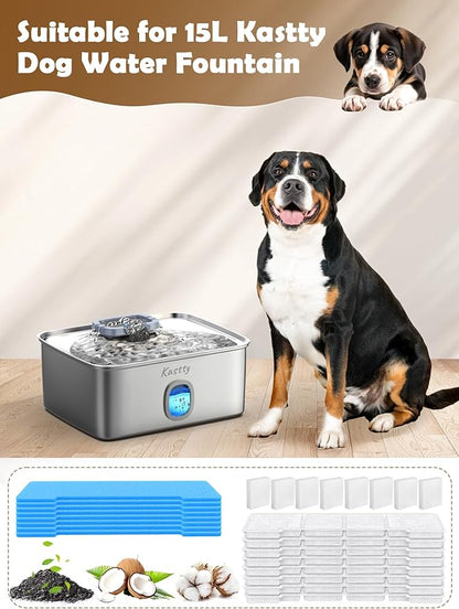 Kastty 15L Dog Water Fountain Filter Replacement, Pet Fountain Filters Replacement Made of Activated Carbon and PP Cotton, 8 Pack Dog Water Bowl Filters 8 Pack Pre-Filter Sponge with 8 Pump Sponge L05