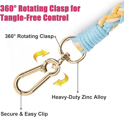 Handmade 5ft Braided Cotton Dog Leash with Unique Floral Handle, Durable and Stylish, Ideal for Small to Large Dogs, Blue & Yellow Twist
