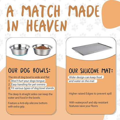PEGGY11 Deep Stainless Steel Anti-Slip Dog Bowls with Silicone Mat - 2 Bowls + Mat, 8 Cups