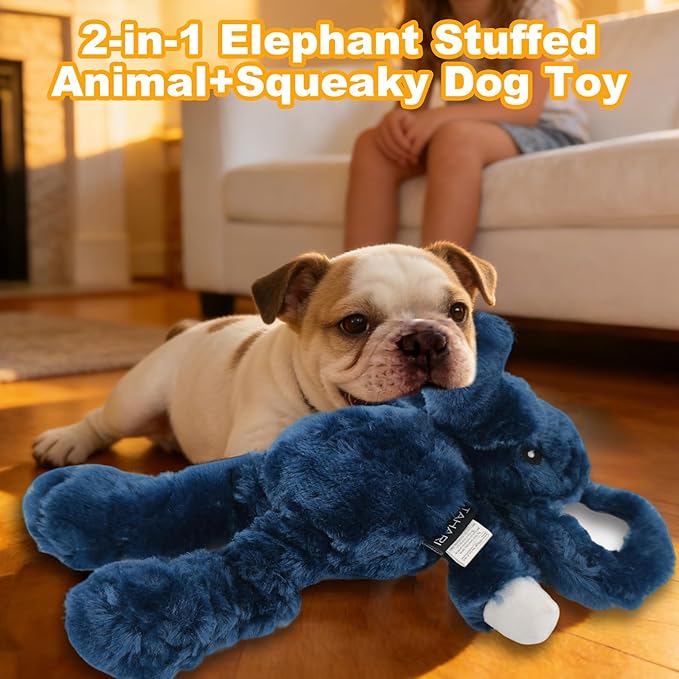 Blue Elephant Plush Squeaky Dog Toy with Bungee Leg Puppy Teething Chew Toy Cute Soft Funny Indoor Outdoor Interactive Stuffed Animal Dog Toy for Small Medium Large Dogs Toy Gift 30.5cm/12.01in