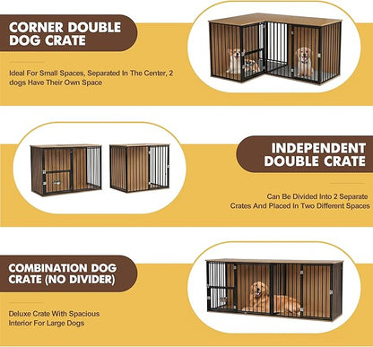 Dog Crate Furniture for 2 Dogs, Corner Heavy Duty Double Dog Kennel Furniture with Divider, Indoor Wooden Dogs Crate Large Breed (Black)