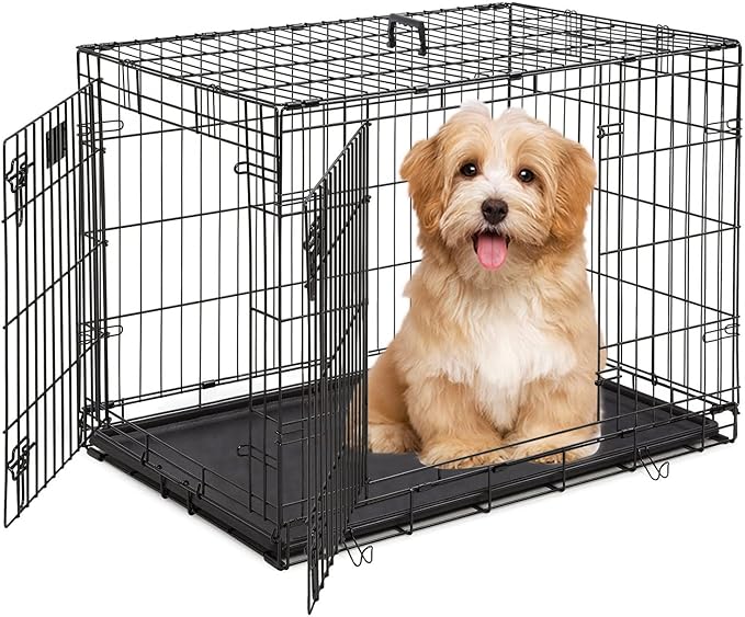 Pet Dog Crate, 36 Inches Metal Wire Large Dog Cage Double Door Folding Dog Kennel with Divider Panel, Leak-Proof Plastic Pan, Indoor Outdoor Pet Crates for Small Medium Breed Dogs Animals