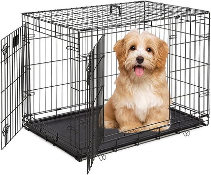 Pet Dog Crate, 36 Inches Metal Wire Large Dog Cage Double Door Folding Dog Kennel with Divider Panel, Leak-Proof Plastic Pan, Indoor Outdoor Pet Crates for Small Medium Breed Dogs Animals
