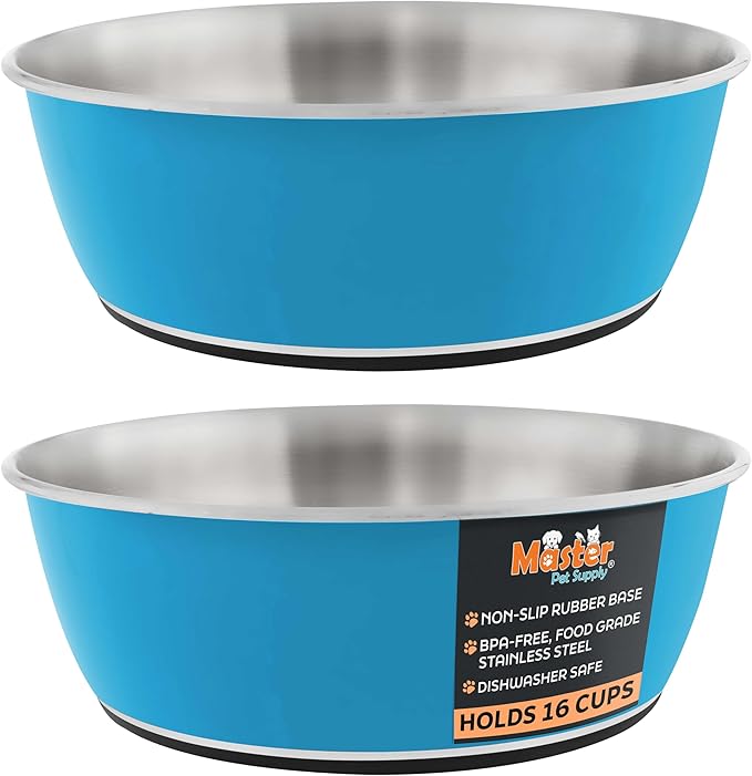 Master Pet Supply Stainless Steel Dog Bowls Set of 2 (128 Oz Each) with Non-Slip Rubber Base - True Blue - Basic Dog Food Bowl Water & Food Bowls for Small Medium Large Dogs & Cats, Metal Dish