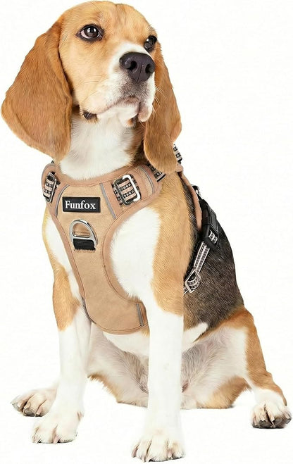 Funfox Dog Harness No Pull, Adjustable Pet Vest Harness, Super Soft Material with Vertical Handle Easy Control, Reflective Night Walking, 2 Leash Clips for Medium Sized Dogs, Brown, M