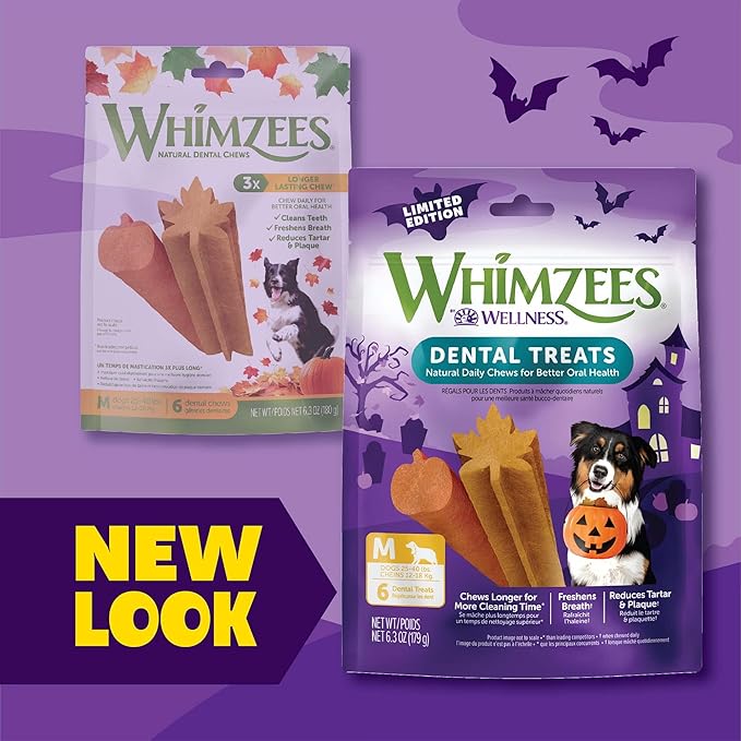 Wellness WHIMZEES Fall Dog Dental Treat, Autumn Halloween Seasonal Gift, Chews, Freshens Breath, Medium Size, 6.3 oz Bag, 6 Count