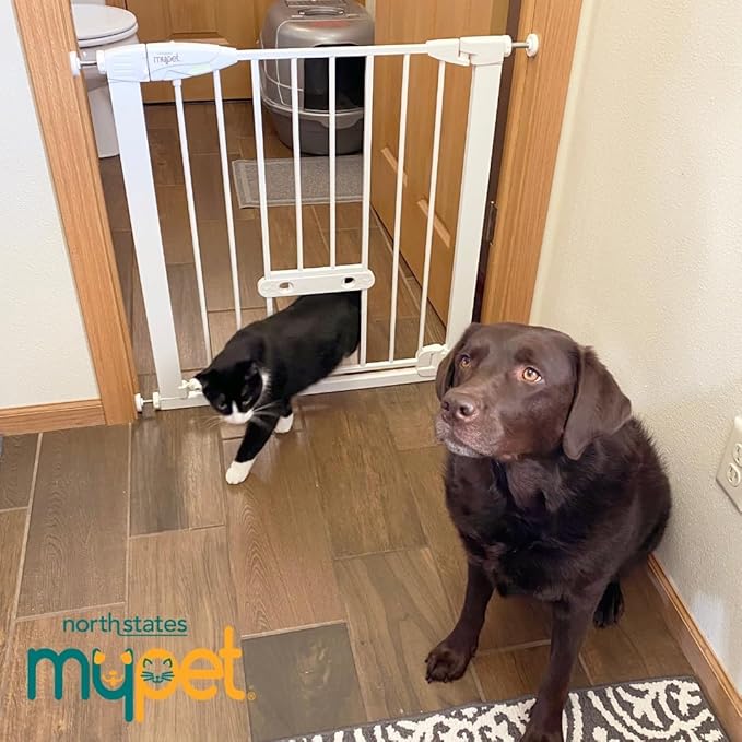 MYPET North States Wide Walk Thru EasyPass Pet Gate with Patented Adjustable pet Door: 29.75-37.5" Wide Dog Gate. Pressure Mount, No Tools Needed. Dog Gates for The House, 30" Tall, White