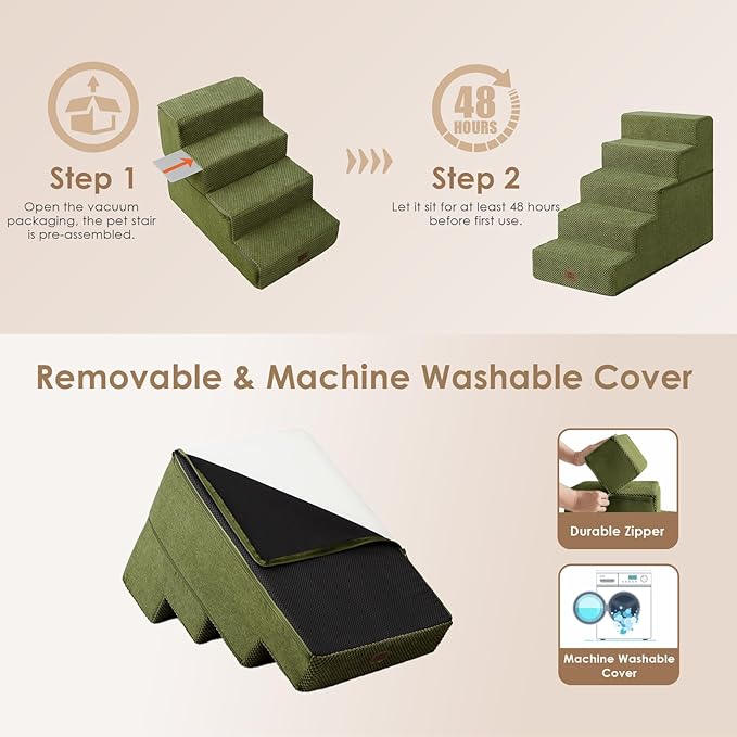 EHEYCIGA Dog Stairs for High Bed 22.5" H, 5-Step Dog Steps for Bed, Pet Steps for Small Dogs and Cats, Non-Slip Balanced Pet Ramp Indoor, Olive Green