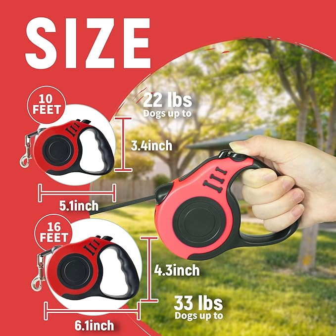 Retractable Dog Leash Automatic Telescopic Tractor Dog Tape, Pet Tape 10/16 FT Durable and Convenient, with Non-Slip Handle, Suitable for Small and Medium-Sized Dogs Red