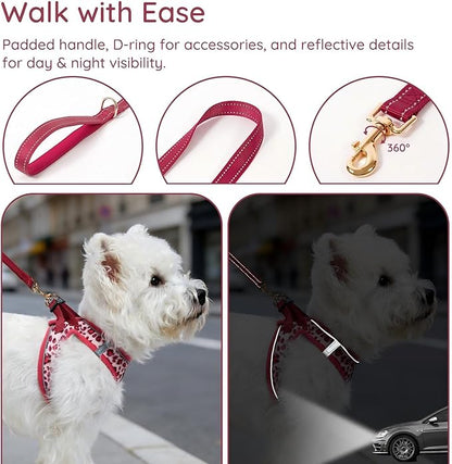 BELLA & PAL Step in Vest Harness for Small and Medium Dogs, No Pull Small Dog Harness with Leash Set, Comfortable Air Mesh Dog Vest Harness with Reflective Strip (Pink Leopard, S)