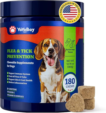Flea and Tick Prevention for Dogs Chewable - 180 Soft Chews, Duck & Pear Flavor - Dog Flea and Tick Treatment Chewable, Natural Defense- Dog Immune Support Supplement