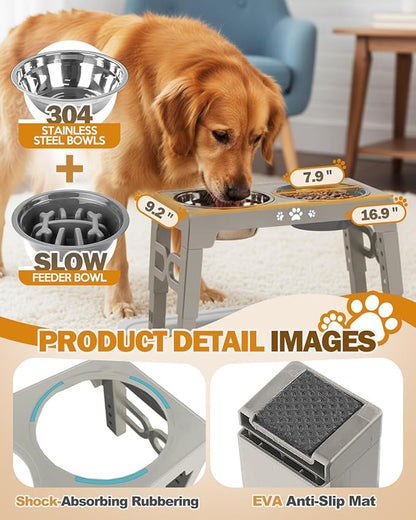 Jovrun Elevated Dog Bowls for Medium Size Dogs with Mat, Non-Slip Dog Feeder with 1*Stainless Steel Dishes & 1*Slow Feeder Bowl, 5 Heights Adjustable Raised Bowls for 3.15″-8.66″-9.84″-11.02″-12.2″