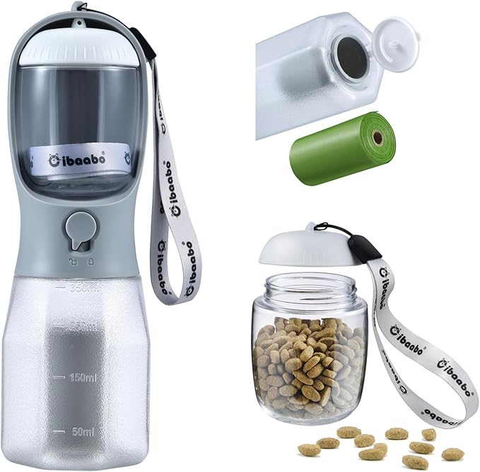 Cibaabo Dog Water Bottle with Food Container & Poop Bag Holder, Travel Water Bowl, Portable Pet Dispenser, Dog Gifts Stuff Accessories Items, Puppy Essentials for Yorkie Chihuahua Walking Hiking