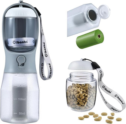 Cibaabo Dog Water Bottle with Food Container & Poop Bag Holder, Travel Water Bowl, Portable Pet Dispenser, Dog Gifts Stuff Accessories Items, Puppy Essentials for Yorkie Chihuahua Walking Hiking