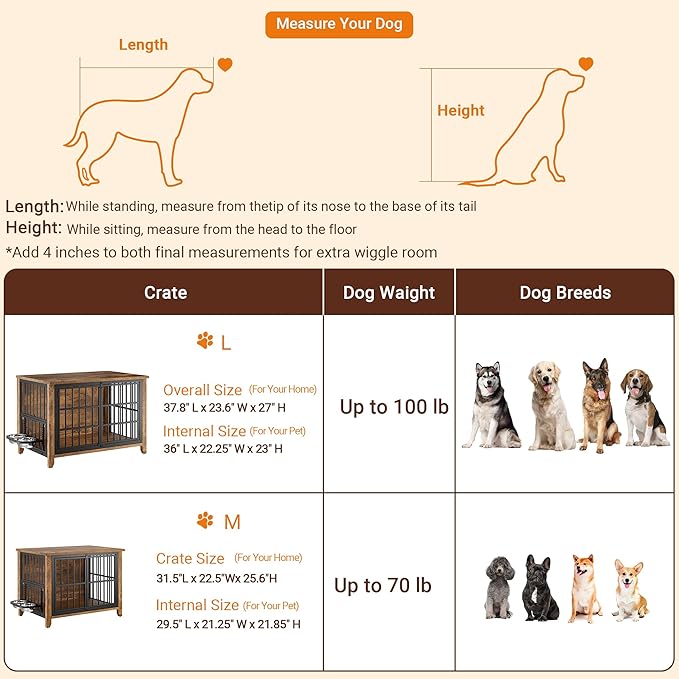 Lulive Wooden Dog Crate Furniture, Large Dog Kennel Indoor with 360°& Adjustable Raised Dog Bowls, Double Doors Furniture Dog Crates End Table for Large/Medium Dogs 37.8" L*23.6" W*27" H, Brown