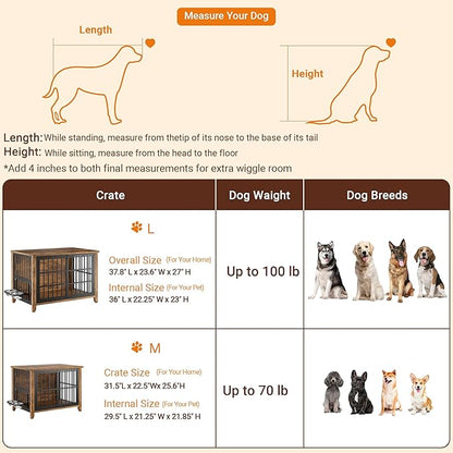 Lulive Wooden Dog Crate Furniture, Large Dog Kennel Indoor with 360°& Adjustable Raised Dog Bowls, Double Doors Furniture Dog Crates End Table for Large/Medium Dogs 37.8" L*23.6" W*27" H, Brown