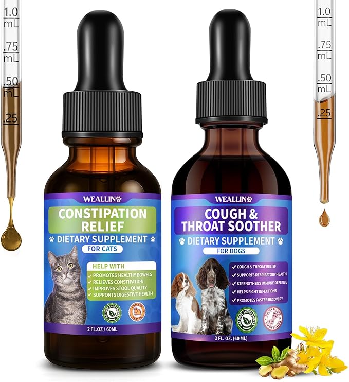 Cat Constipation Relief for Digestive Health Support + Dog Cough Treatment Support for Dogs for Breathing Comfort Bundle, Easy-to-Use, 60 ml/2 Fl Oz Each, Multi-Pet Family Care Solution