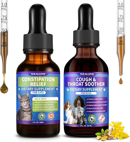 Cat Constipation Relief for Digestive Health Support + Dog Cough Treatment Support for Dogs for Breathing Comfort Bundle, Easy-to-Use, 60 ml/2 Fl Oz Each, Multi-Pet Family Care Solution