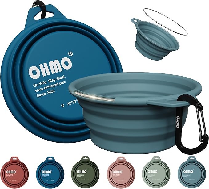 OHMO Collapsible Dog Water Bowls w/Built-in Stainless Steel Ring – 2pcs Small 12oz/400ml Portable Silicone Pet Feeding Bowl for Hiking, Camping, Travel