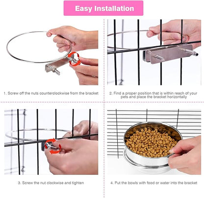 2 Pcs Small Pet Dog Food Water Bowl for Cage Stainless Steel Non-Spill Kennel Hanging Cats Pets Bowls with Clamp Holder Crate Feeder Dish for Small Dogs Pets (5.1x2.9'' & 4.7x1.9'')