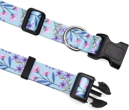 Mihqy Dog Collar and Leash Set with Bohemia Floral Tribal Geometric Patterns - Soft Ethnic Style Collar Adjustable for Small Medium Large Dogs(Pink + Purple Floral Set,XS)