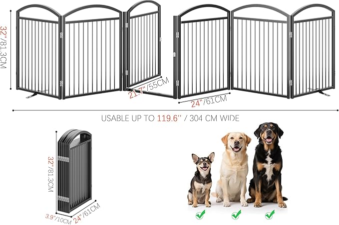 Folding No-Assembly Freestanding Dog Gate with Door,32" Heights Foldable Pet Fence,144" Extra Wide Accordion Puppy Folding Playpen for Doorways,House,Stairs (6 Panels,Black)