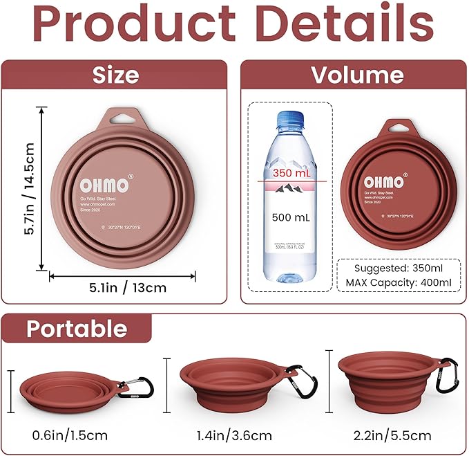 OHMO Collapsible Dog Water Bowls w/Built-in Stainless Steel Ring – 2pcs Small 12oz/400ml Portable Silicone Pet Feeding Bowl for Hiking, Camping, Travel