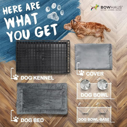 BOWHAUS 30-Inch Single Door Dog Crate Kit Includes Crate Cover, Dog Bed & 2 Bowls and Bowl Racks, Indoor Dog Cage Bundle Set, Foldable Wire Metal Dog Kennel w/Pan for Small, Medium Dog