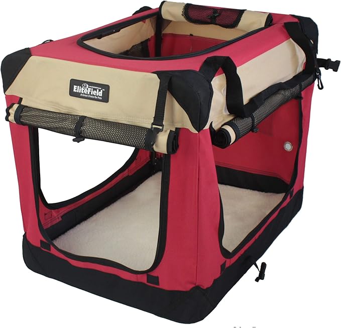 EliteField 4-Door Folding Soft Dog Crate with Curtains, Carrying Bag and Fleece Bed (2 Year Warranty), Indoor & Outdoor Pet Home (42" L x 28" W x 32" H, Red+Beige)