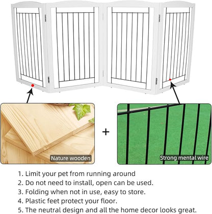 ZJSF Freestanding Foldable Dog Gate - Extra Wide White Puppy Gate for Stairs & Doorways - Tall 4 Panels Wooden Pet Fence