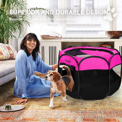 GOOZII Portable Dog Playpen for Small Dogs Indoor Outdoor, Foldable Pet Puppy Playpens Kennel Tent with Top Cover Door for House Cat Kitty for Dog Lover as (Medium Size, Pink)