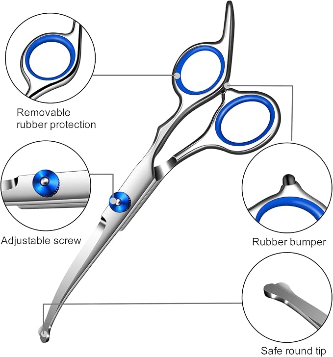 Dog Grooming scissors Kit,Includes Curved Thinning straight scissors,Comb,Grooming nail clipers,Nail Trimmer,Dog Grooming Scissors with Safety Round Tips,pet Grooming kit for Small Dogs&Puppies