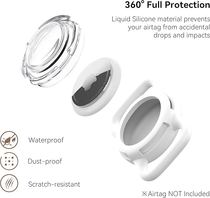 Waterproof Airtag Holder for Dog Collar, Soft Full-Body Protective Airtag Holder for Dog & Cat Collars, Ultra-Durable, Easy Installation, Lightweight Clear Airtag Case (White, Regular)