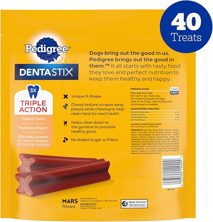 Pedigree Dentastix Dog Dental Treats, Large Breed Dog Treats, Bacon Flavor, 2.08 lb. Bag (40 Treats Total)