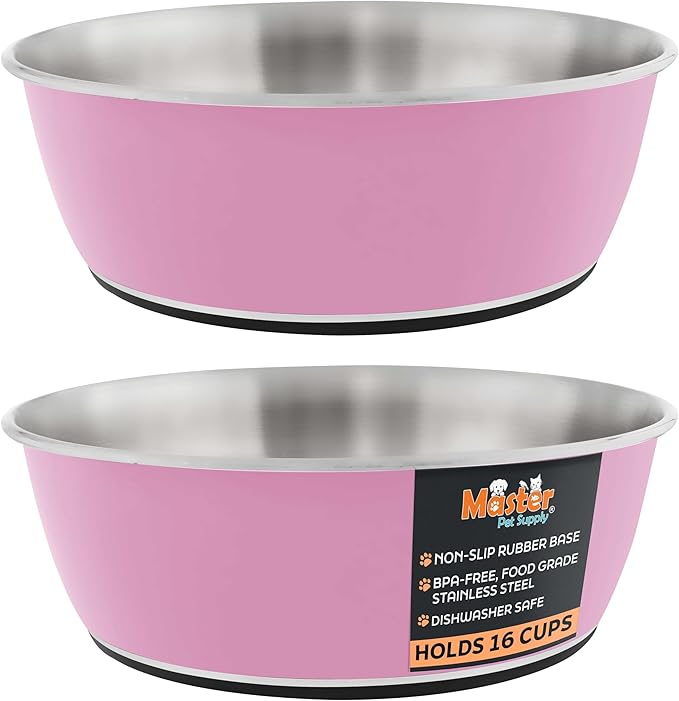 Master Pet Supply Stainless Steel Dog Bowls Set of 2 (128 Oz Each) with Non-Slip Rubber Base - Hyper Pink - Basic Dog Food Bowl Water & Food Bowls for Small Medium Large Dogs & Cats, Metal Dish