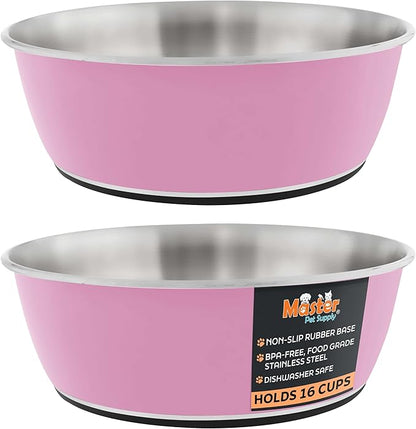 Master Pet Supply Stainless Steel Dog Bowls Set of 2 (128 Oz Each) with Non-Slip Rubber Base - Hyper Pink - Basic Dog Food Bowl Water & Food Bowls for Small Medium Large Dogs & Cats, Metal Dish