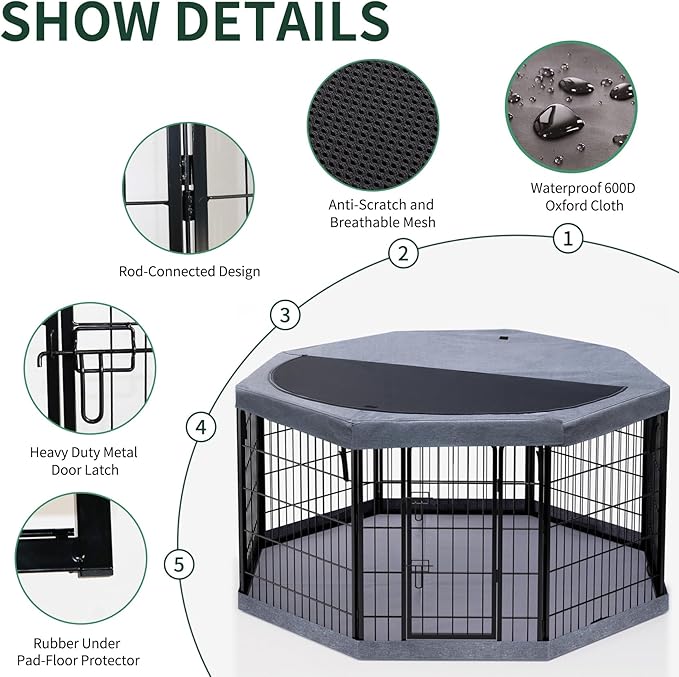 PETIME Dog Playpen,Metal Exercise Puppy Pen Heavy Duty Kennels Yard Fence Indoor/Outdoor 27" W x 32" H 8 Panels Dog Cage with Octagon Top Cover and Bottom Pad
