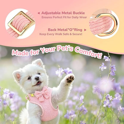 Small Dog Collar Harness and Leash Set, Dog Harness no Pull with Bowtie, Breathable Cotton Adjustable Pet Puppy Harness, Easy Walk Dog Harness, M(16-21")