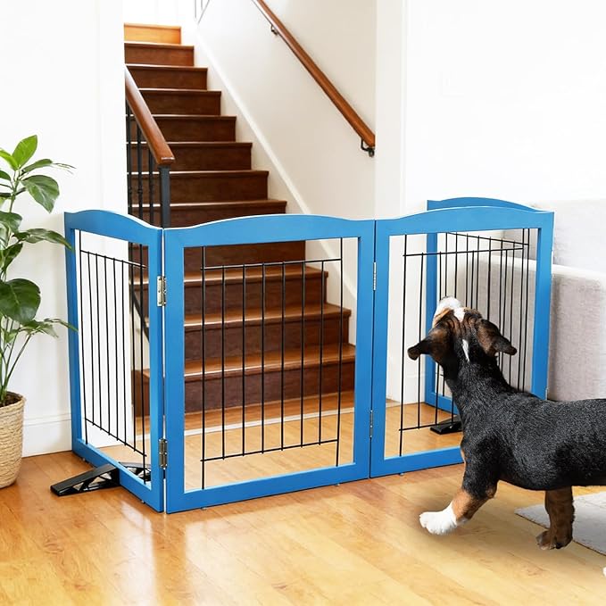 ZJSF Freestanding Dog Fence Indoor, Foldable Dog Gate for Doorways, Stairs or Hallways, Sturdy Wood Extra Wide Pet Gate with Support Feet for The House, Blue, 32 "Height-2 Panels