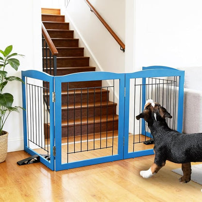 ZJSF Freestanding Dog Fence Indoor, Foldable Dog Gate for Doorways, Stairs or Hallways, Sturdy Wood Extra Wide Pet Gate with Support Feet for The House, Blue, 32 "Height-2 Panels