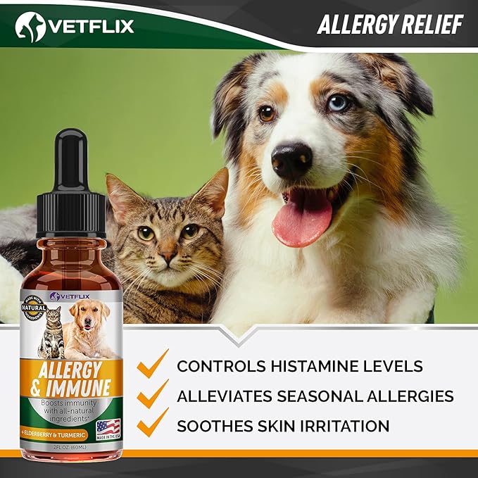 Allergy and Immune Drops for Dogs, Cats, Puppies and Kittens - Natural Supplement with Turmeric and Milk Thistle - Seasonal Allergy Relief and Immune Support - 2 Fl Oz