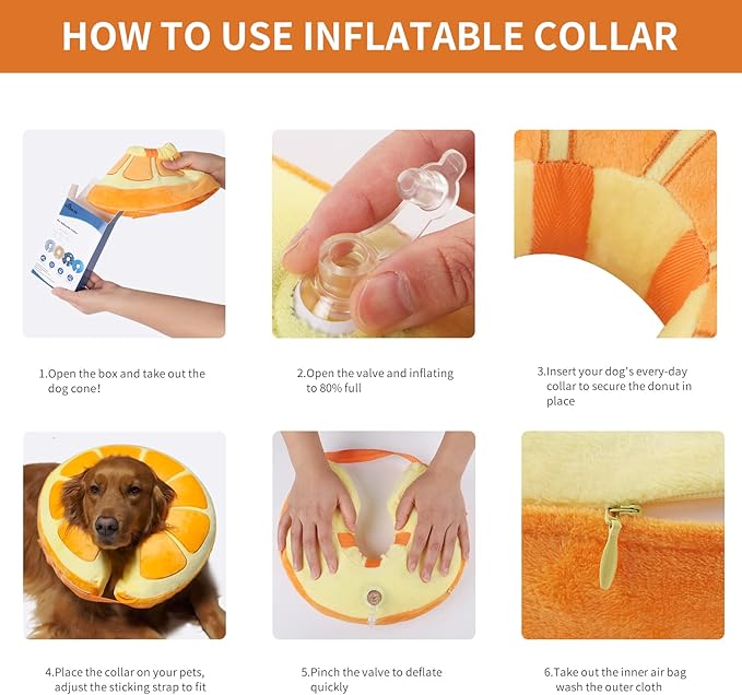 IEUUMLER Inflatable Recovery Dog Collar, Protective Donut Cone, Adjustable Soft Collar for Dog and Cat After Surgery Prevent from Biting & Scratching EU002 - Orange M+